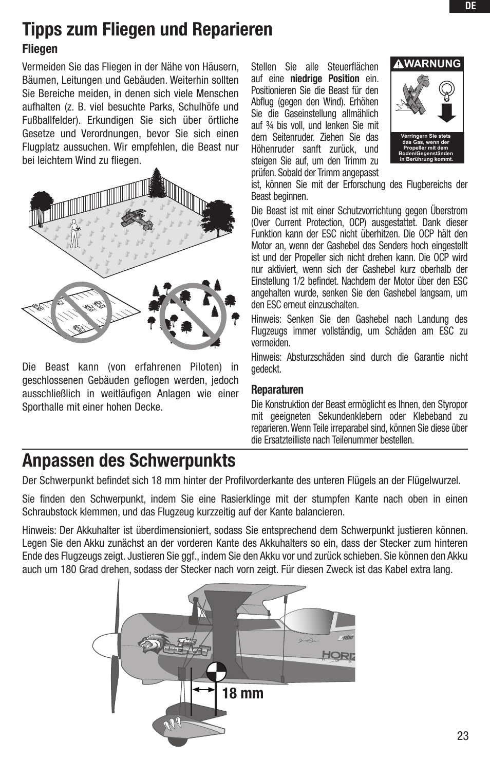 Tipps zum fliegen und reparieren, Anpassen des schwerpunkts, 18 mm | E-flite UMX Beast BNF User Manual | Page 23 / 60
