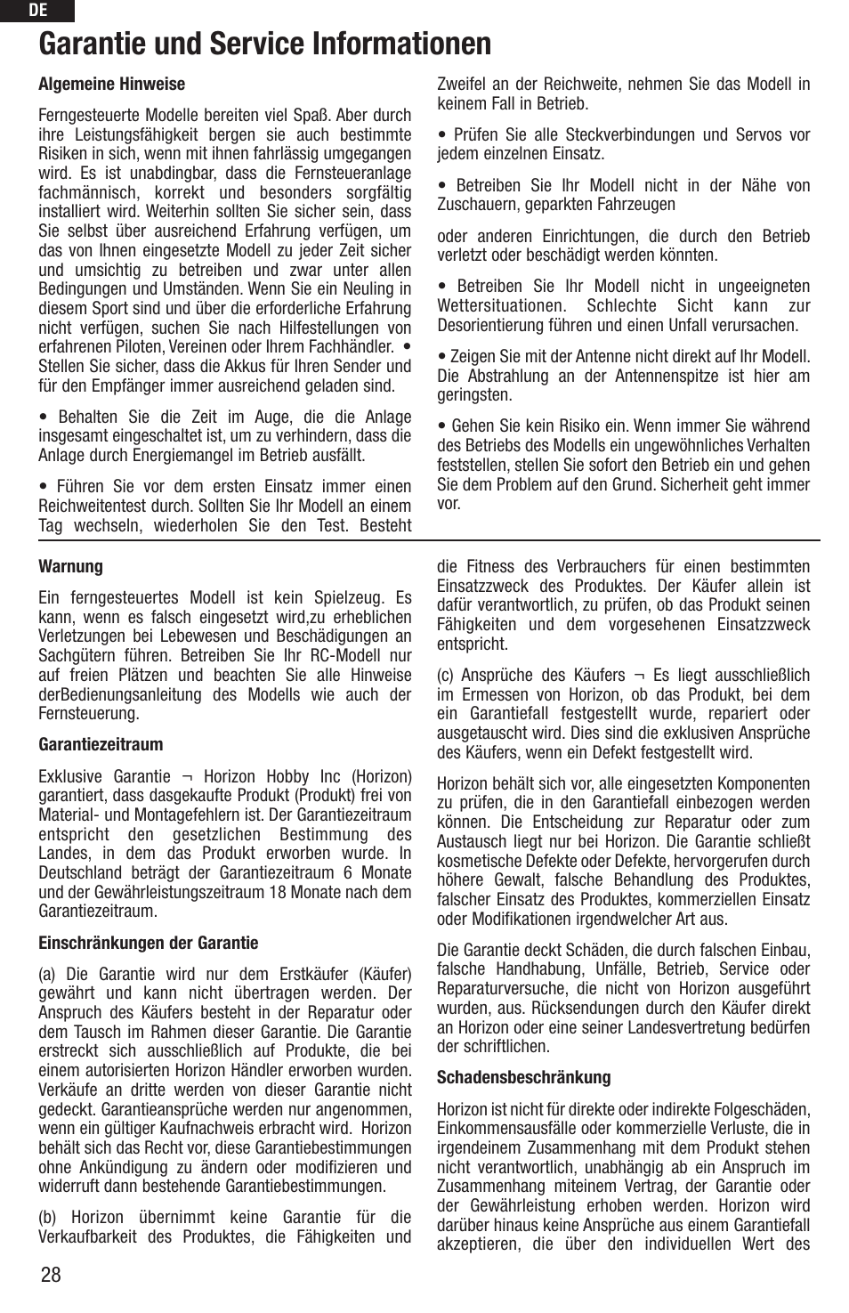 Garantie und service informationen | E-flite UMX Beast BNF User Manual | Page 28 / 60