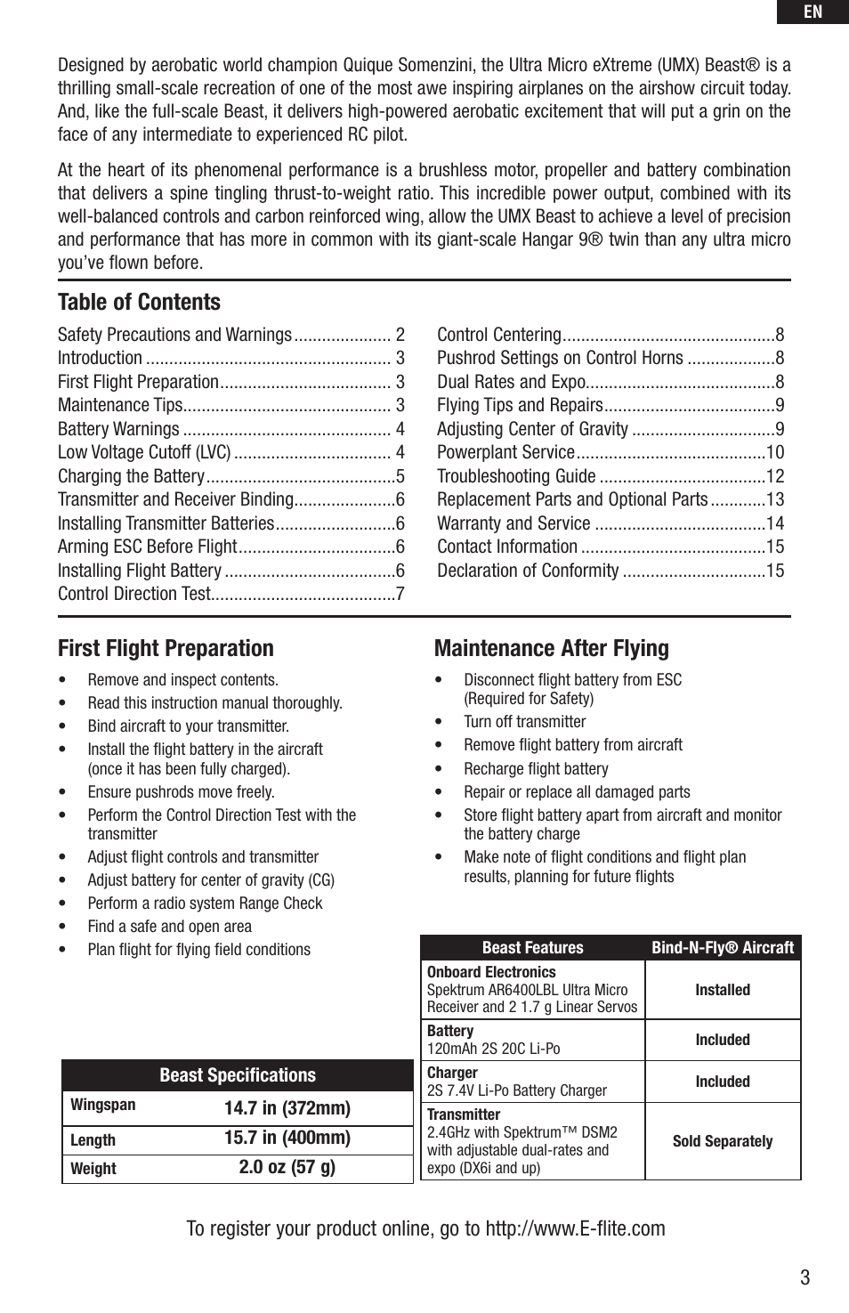 E-flite UMX Beast BNF User Manual | Page 3 / 60
