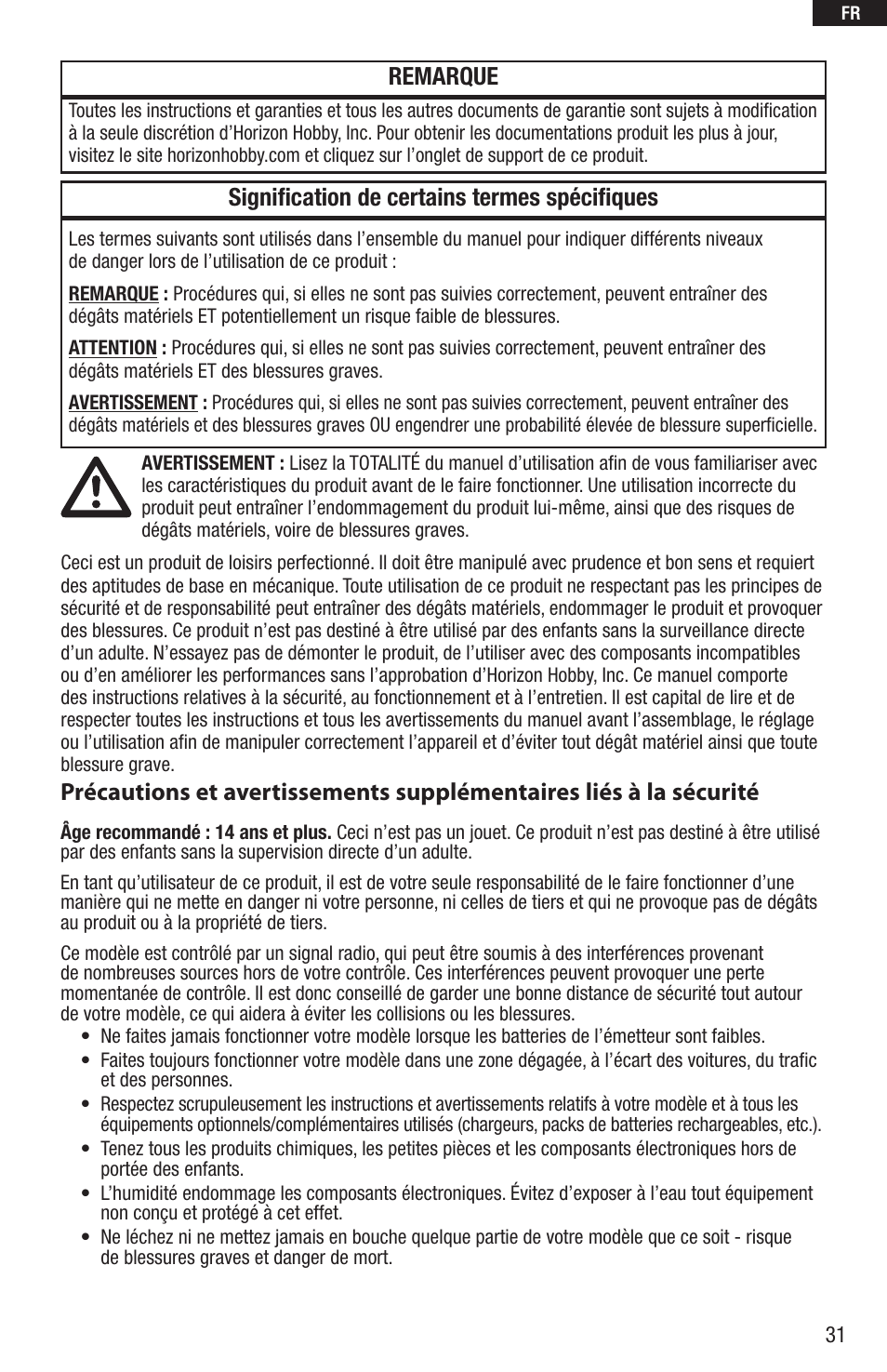 Signification de certains termes spécifiques, Remarque | E-flite UMX Beast BNF User Manual | Page 31 / 60