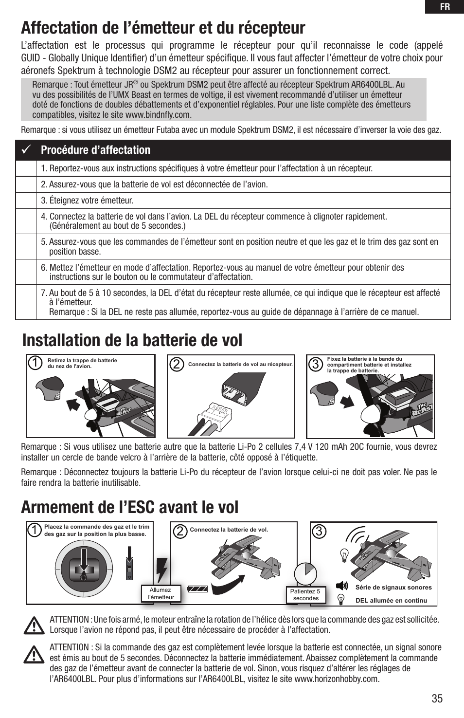 Affectation de l’émetteur et du récepteur, Installation de la batterie de vol, Armement de l’esc avant le vol | Procédure d’affectation | E-flite UMX Beast BNF User Manual | Page 35 / 60