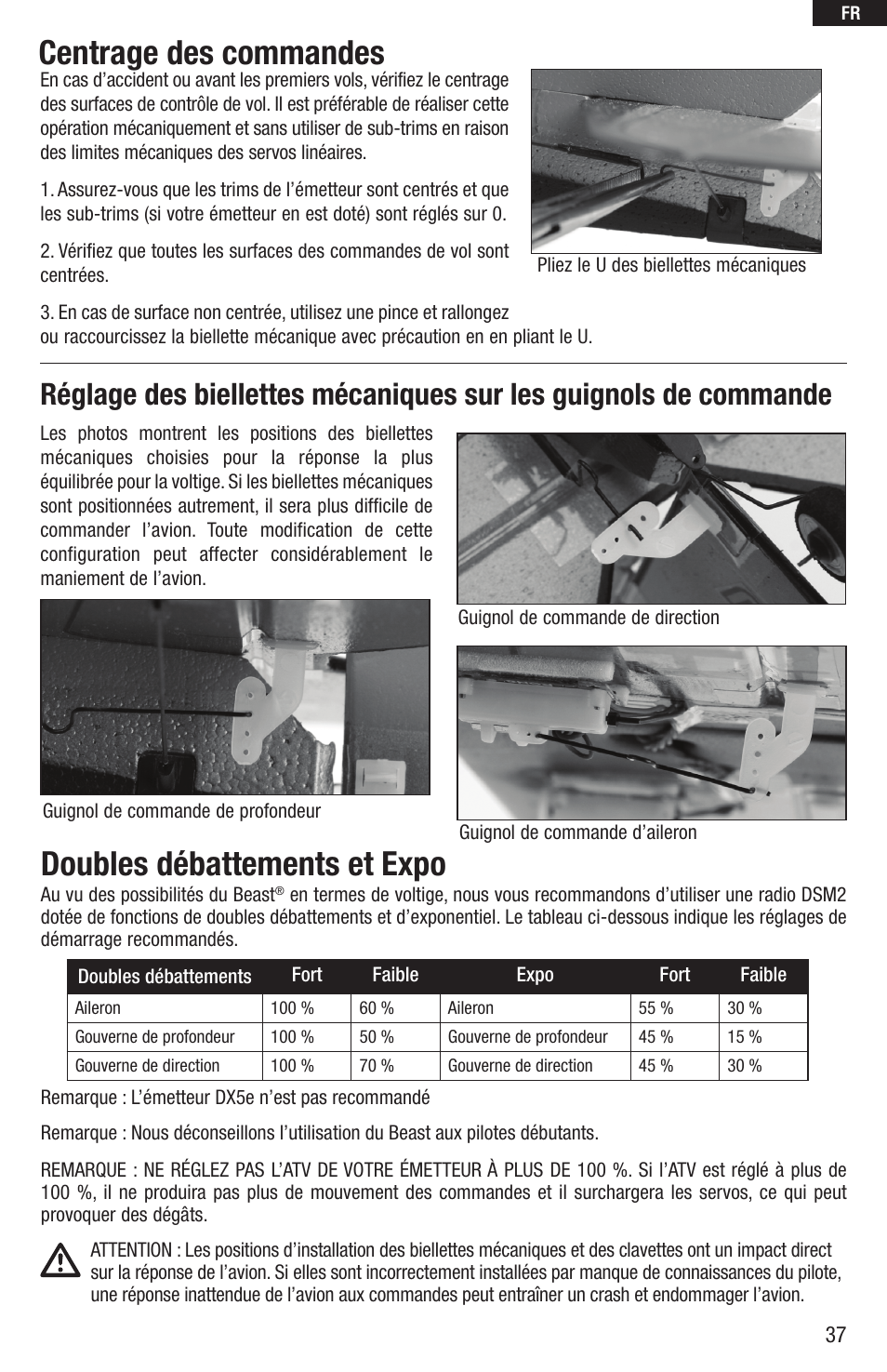 Centrage des commandes, Doubles débattements et expo | E-flite UMX Beast BNF User Manual | Page 37 / 60