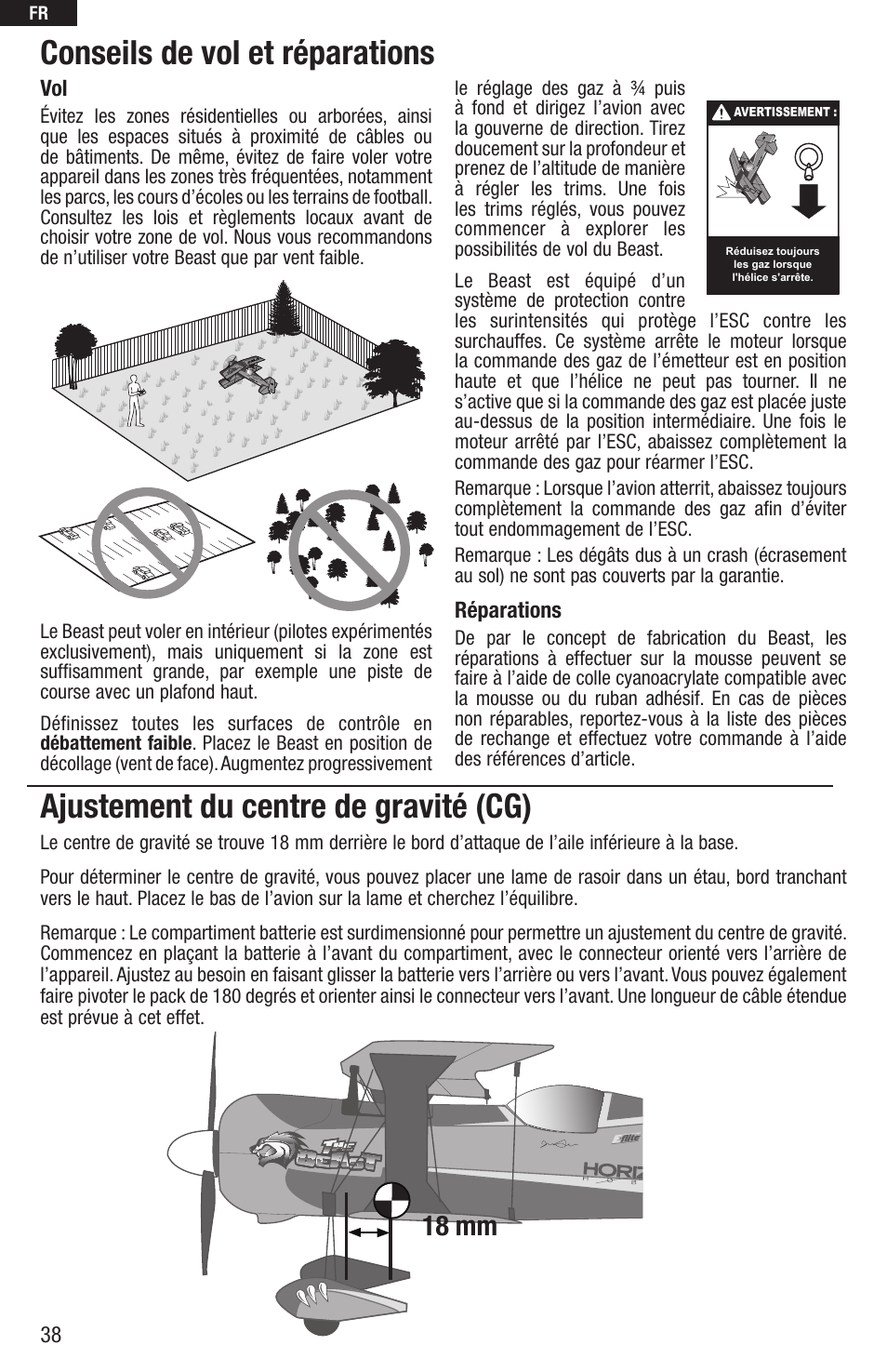 Conseils de vol et réparations, Ajustement du centre de gravité (cg), 18 mm | E-flite UMX Beast BNF User Manual | Page 38 / 60