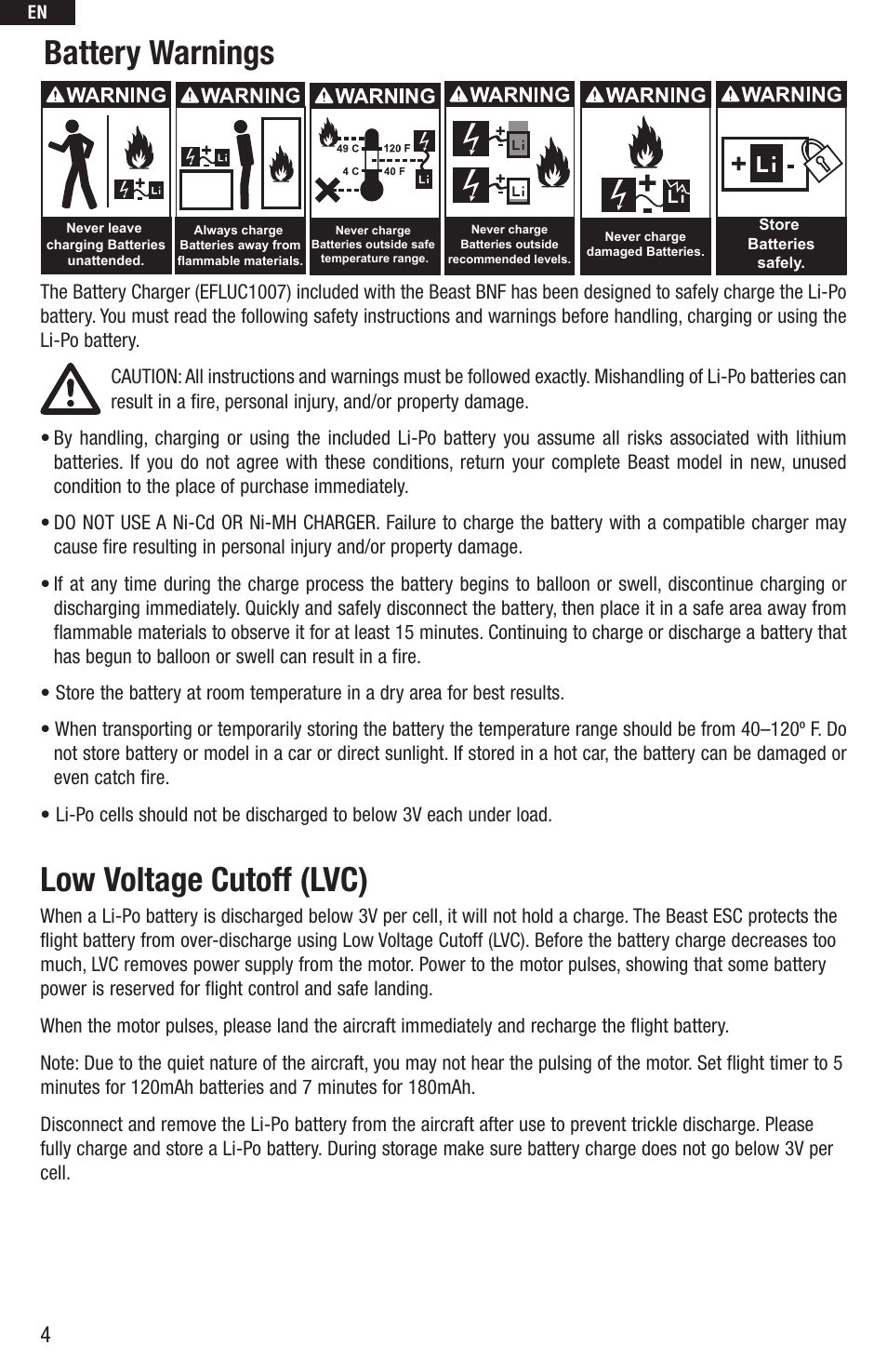 Battery warnings low voltage cutoff (lvc) | E-flite UMX Beast BNF User Manual | Page 4 / 60