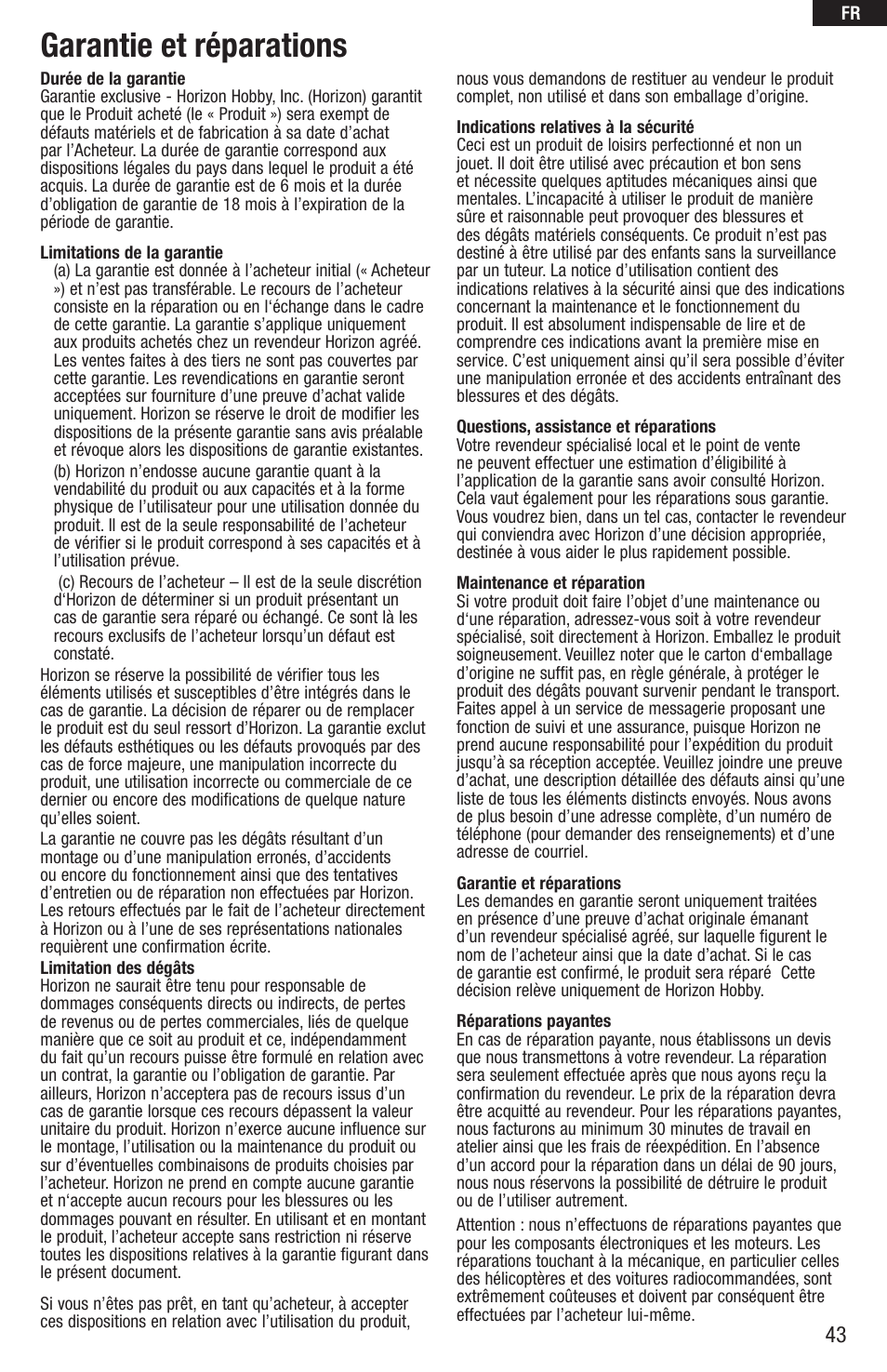 Garantie et réparations | E-flite UMX Beast BNF User Manual | Page 43 / 60