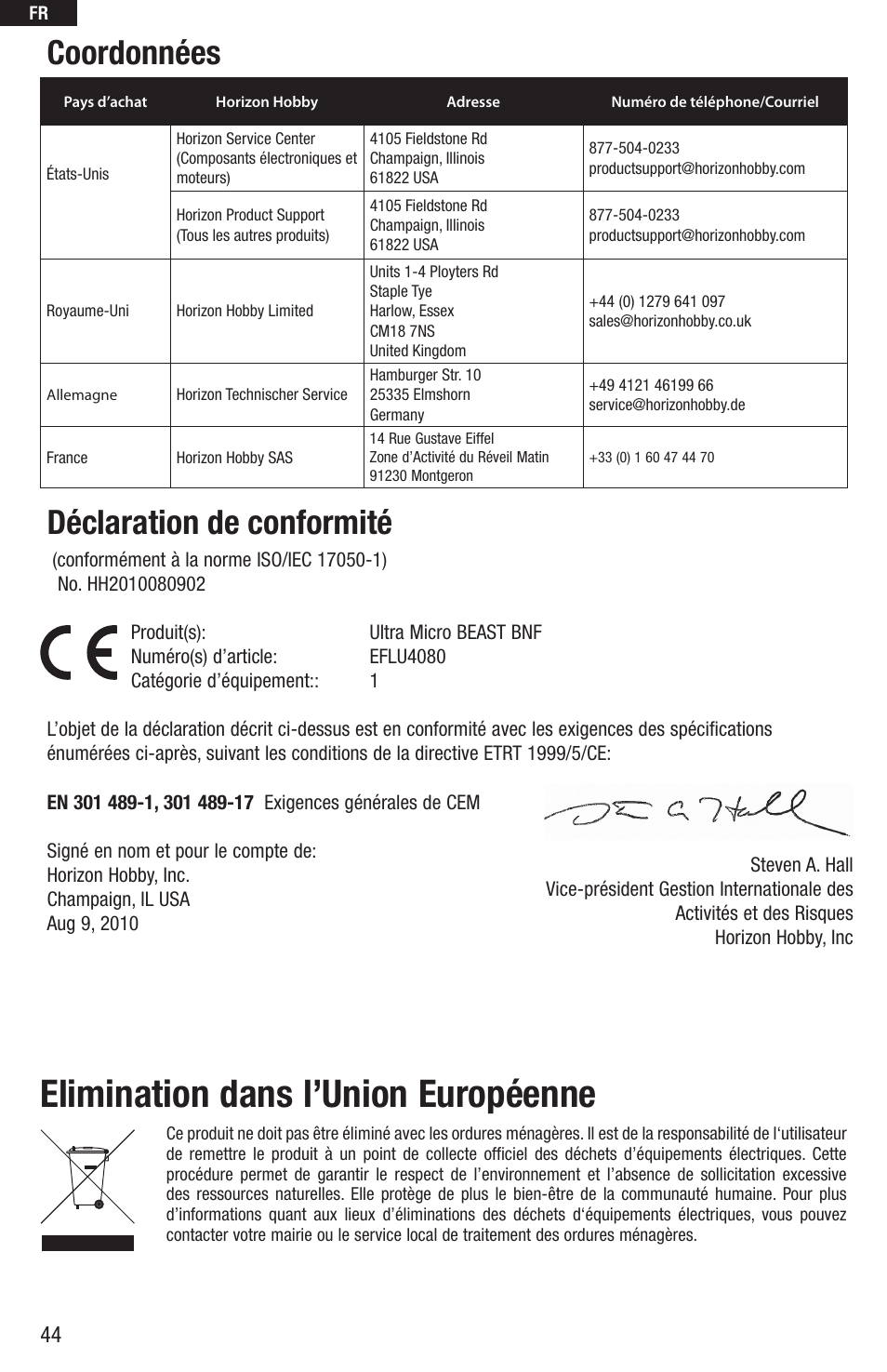 Elimination dans l’union européenne, Coordonnées, Déclaration de conformité | E-flite UMX Beast BNF User Manual | Page 44 / 60