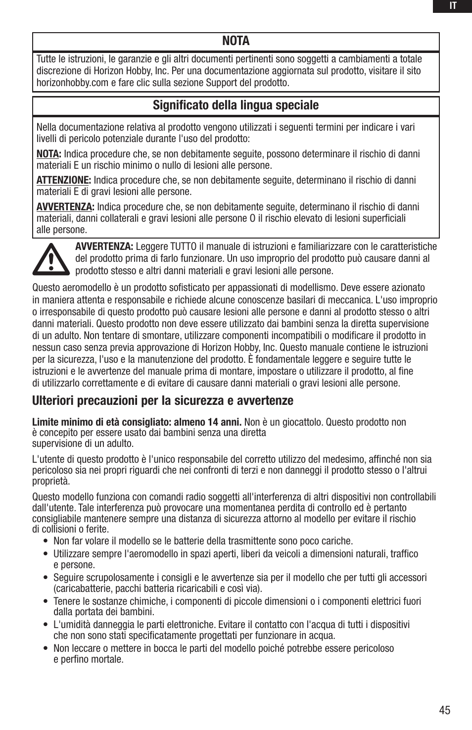 Significato della lingua speciale, Nota | E-flite UMX Beast BNF User Manual | Page 45 / 60