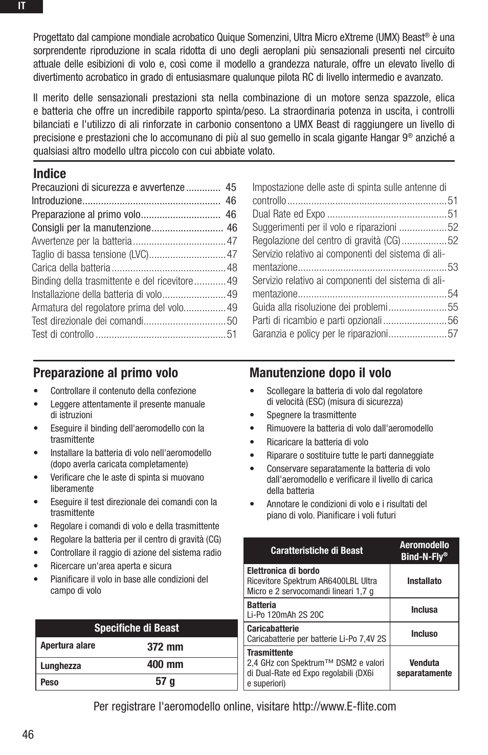 Preparazione al primo volo, Manutenzione dopo il volo, Indice | E-flite UMX Beast BNF User Manual | Page 46 / 60