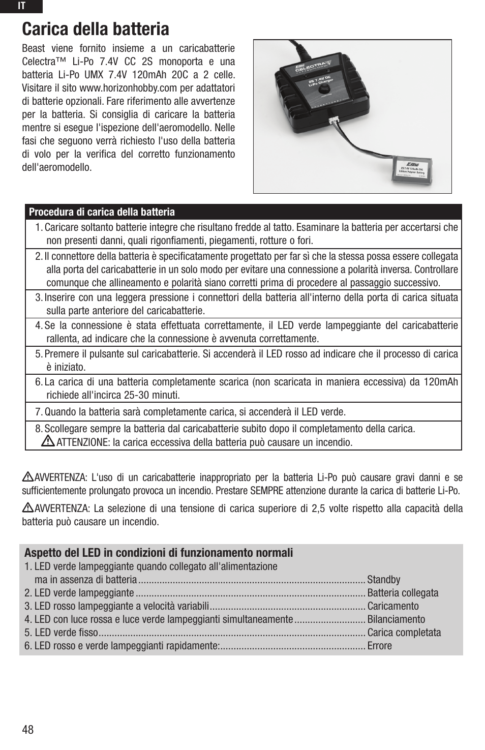 Carica della batteria | E-flite UMX Beast BNF User Manual | Page 48 / 60