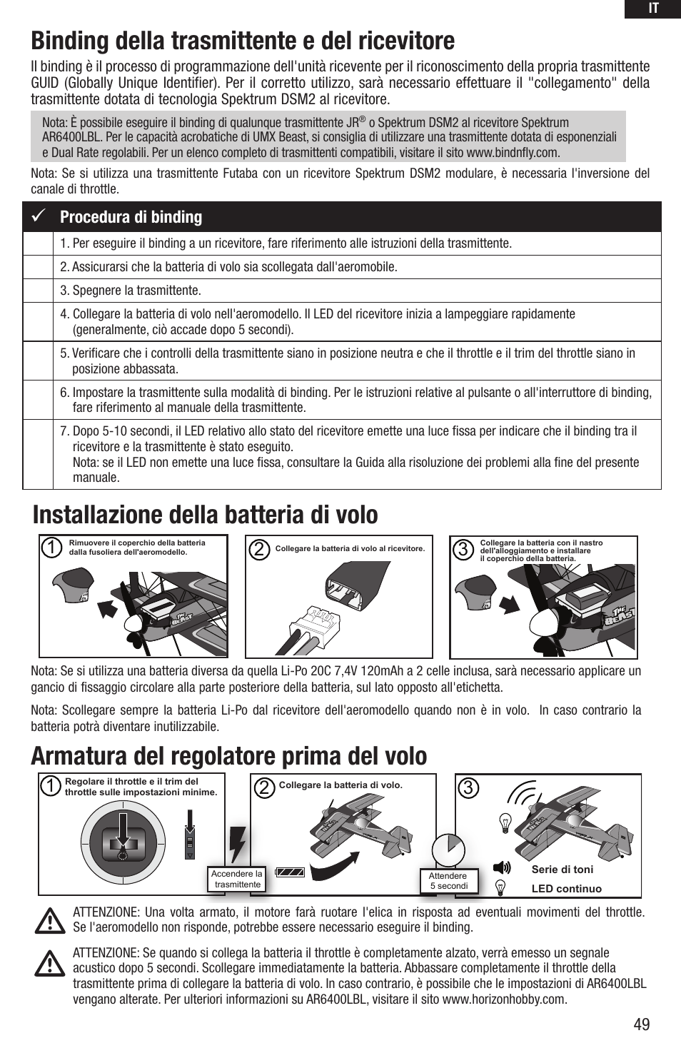 Binding della trasmittente e del ricevitore, Installazione della batteria di volo, Armatura del regolatore prima del volo | Procedura di binding | E-flite UMX Beast BNF User Manual | Page 49 / 60