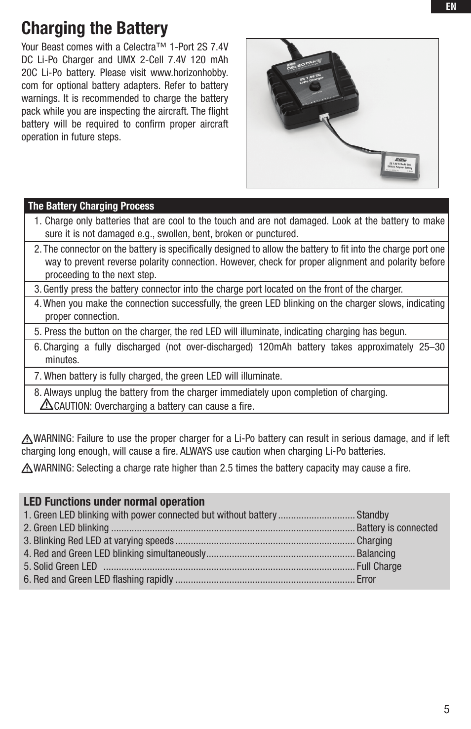 Charging the battery | E-flite UMX Beast BNF User Manual | Page 5 / 60