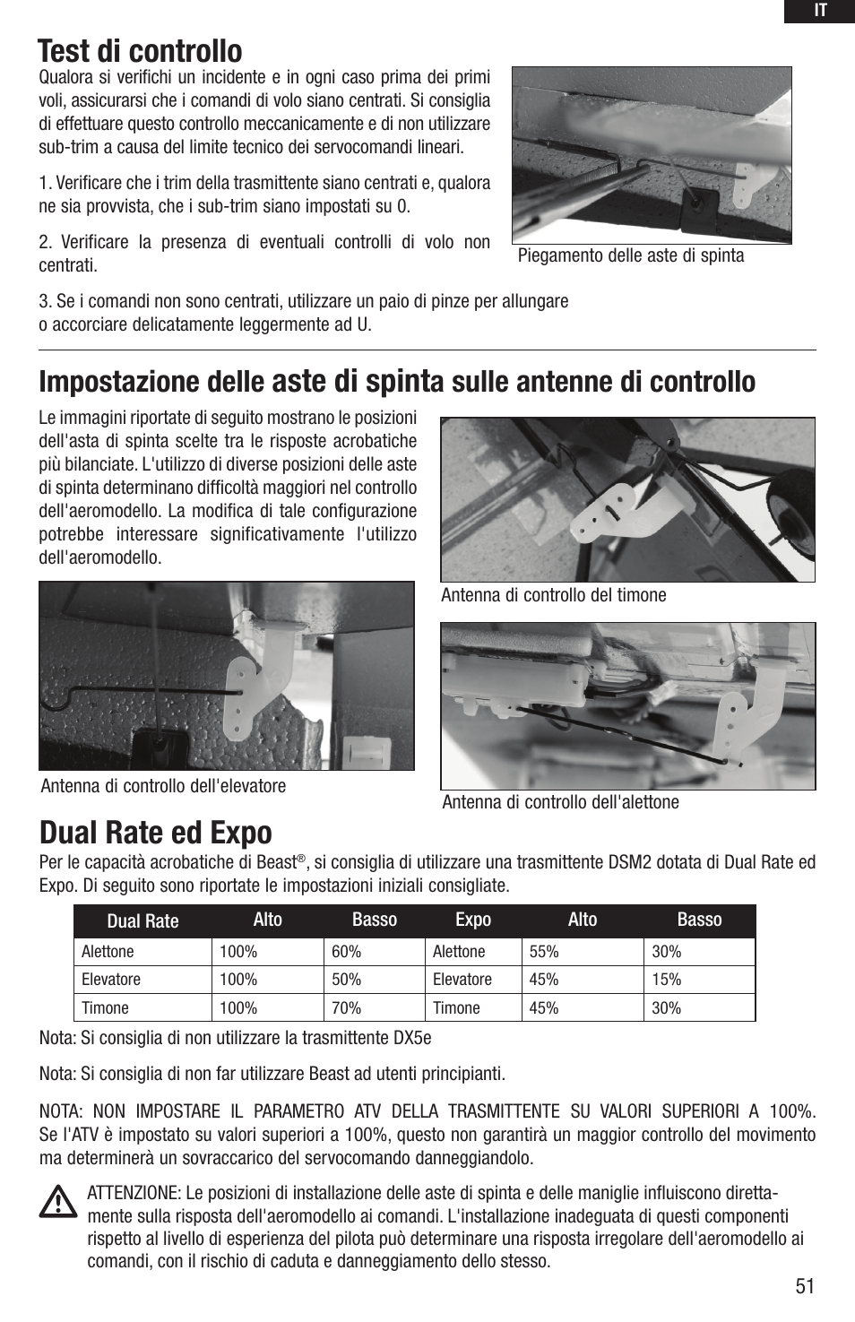 Test di controllo, Dual rate ed expo, Aste di spint | Impostazione delle, A sulle antenne di controllo | E-flite UMX Beast BNF User Manual | Page 51 / 60