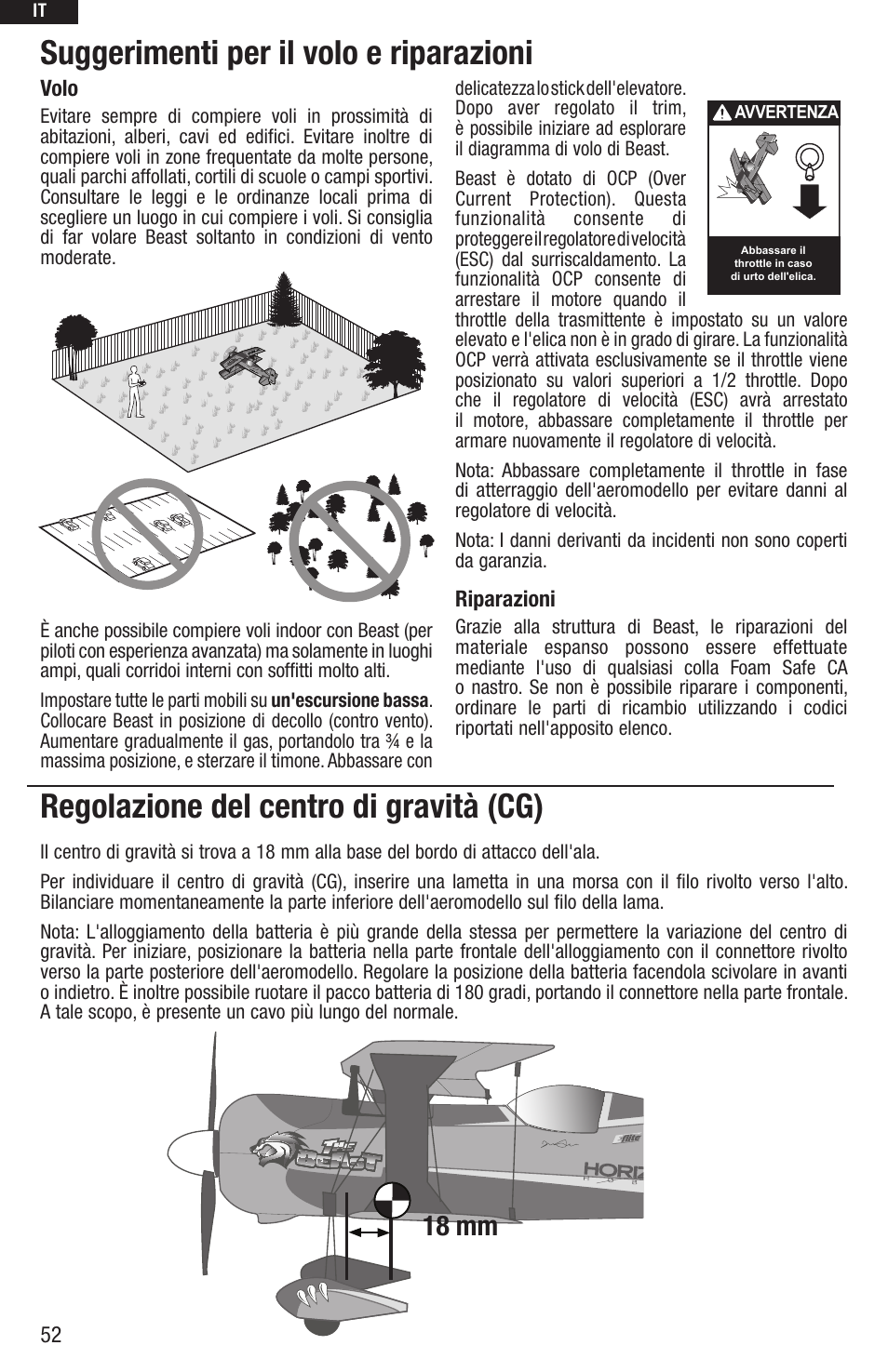 Suggerimenti per il volo e riparazioni, Regolazione del centro di gravità (cg), 18 mm | E-flite UMX Beast BNF User Manual | Page 52 / 60