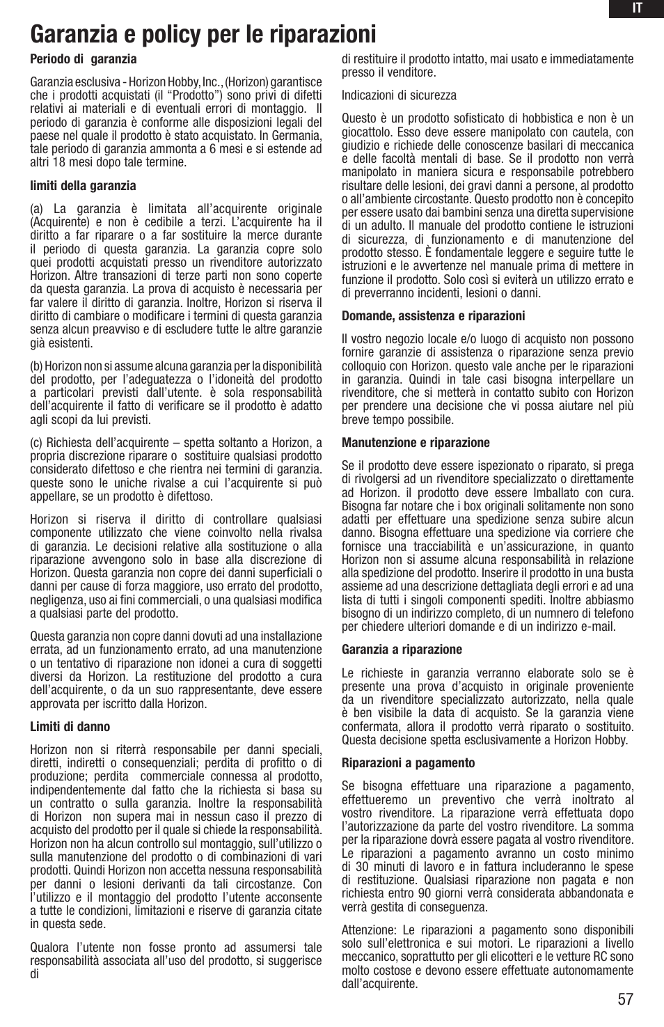 Garanzia e policy per le riparazioni | E-flite UMX Beast BNF User Manual | Page 57 / 60
