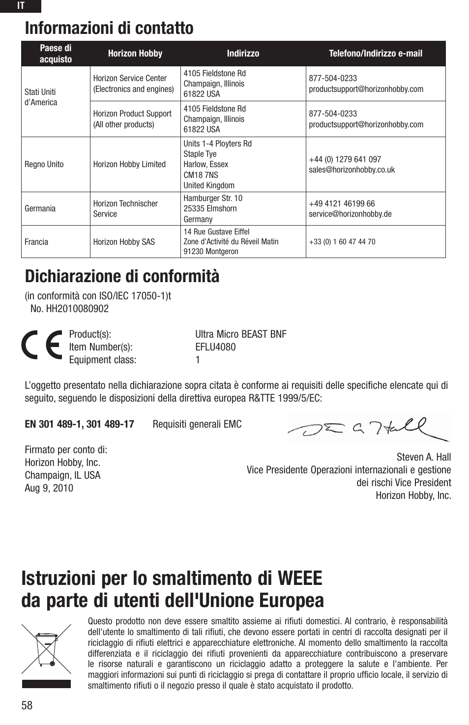 Informazioni di contatto, Dichiarazione di conformità | E-flite UMX Beast BNF User Manual | Page 58 / 60