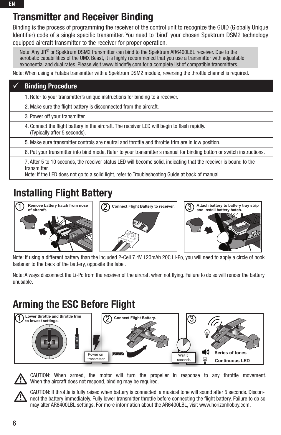 Transmitter and receiver binding, Installing flight battery, Arming the esc before flight | Binding procedure | E-flite UMX Beast BNF User Manual | Page 6 / 60