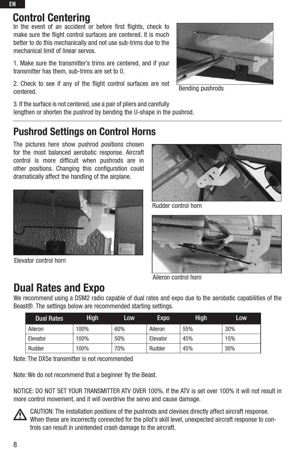 Control centering, Dual rates and expo, Pushrod settings on control horns | E-flite UMX Beast BNF User Manual | Page 8 / 60