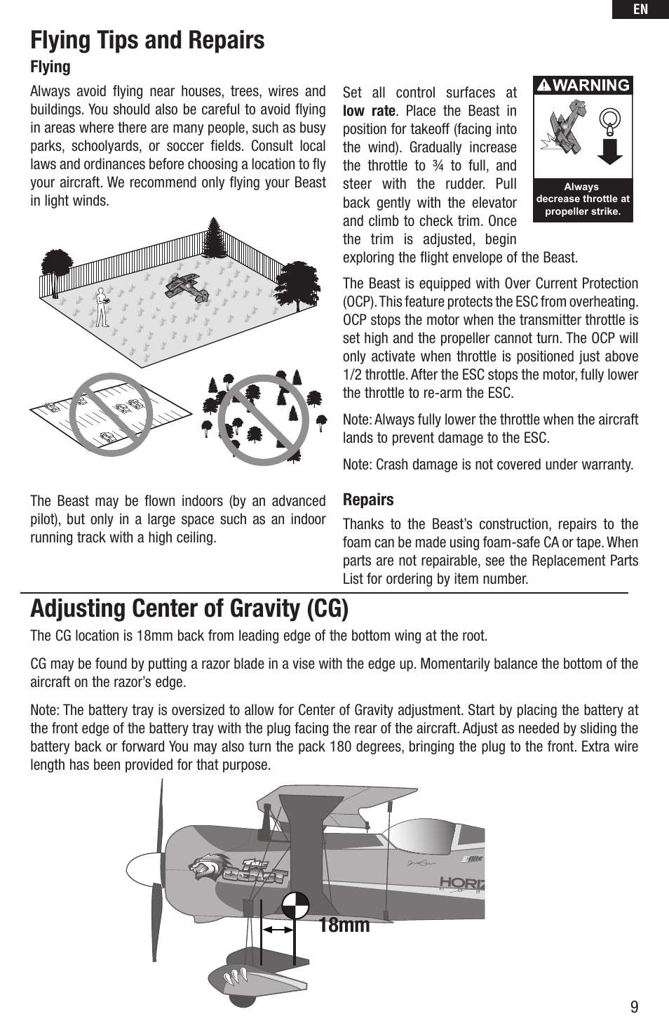 Flying tips and repairs, Adjusting center of gravity (cg), 18mm | E-flite UMX Beast BNF User Manual | Page 9 / 60