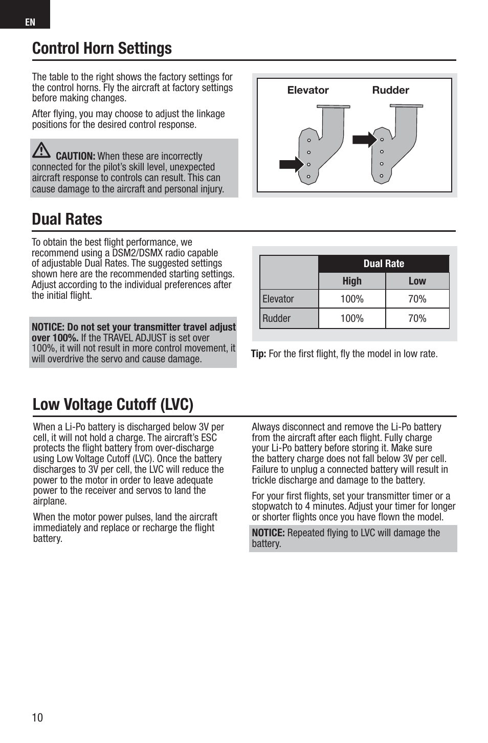 Control horn settings, Dual rates, Low voltage cutoff (lvc) | E-flite UMX Spacewalker RTF User Manual | Page 10 / 19