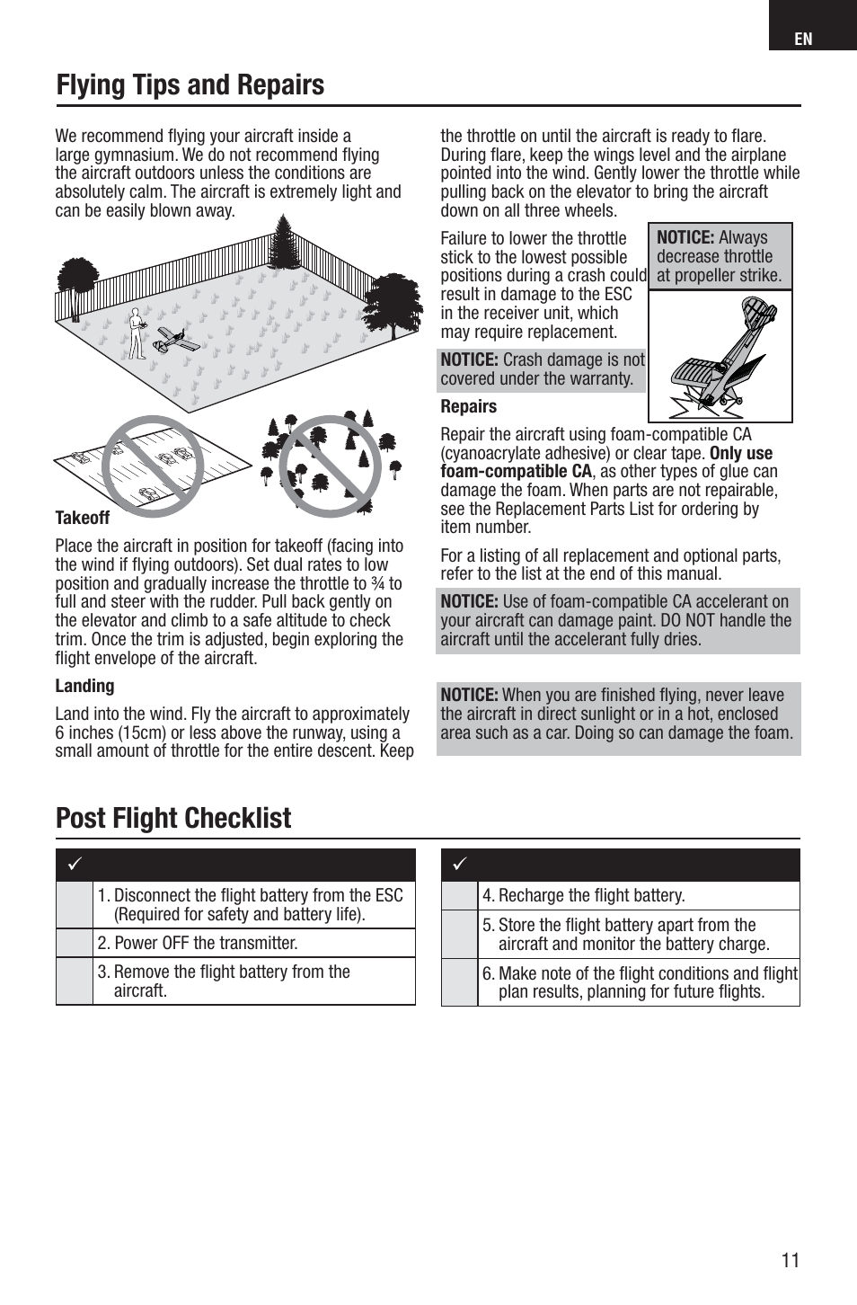Flying tips and repairs post flight checklist | E-flite UMX Spacewalker RTF User Manual | Page 11 / 19