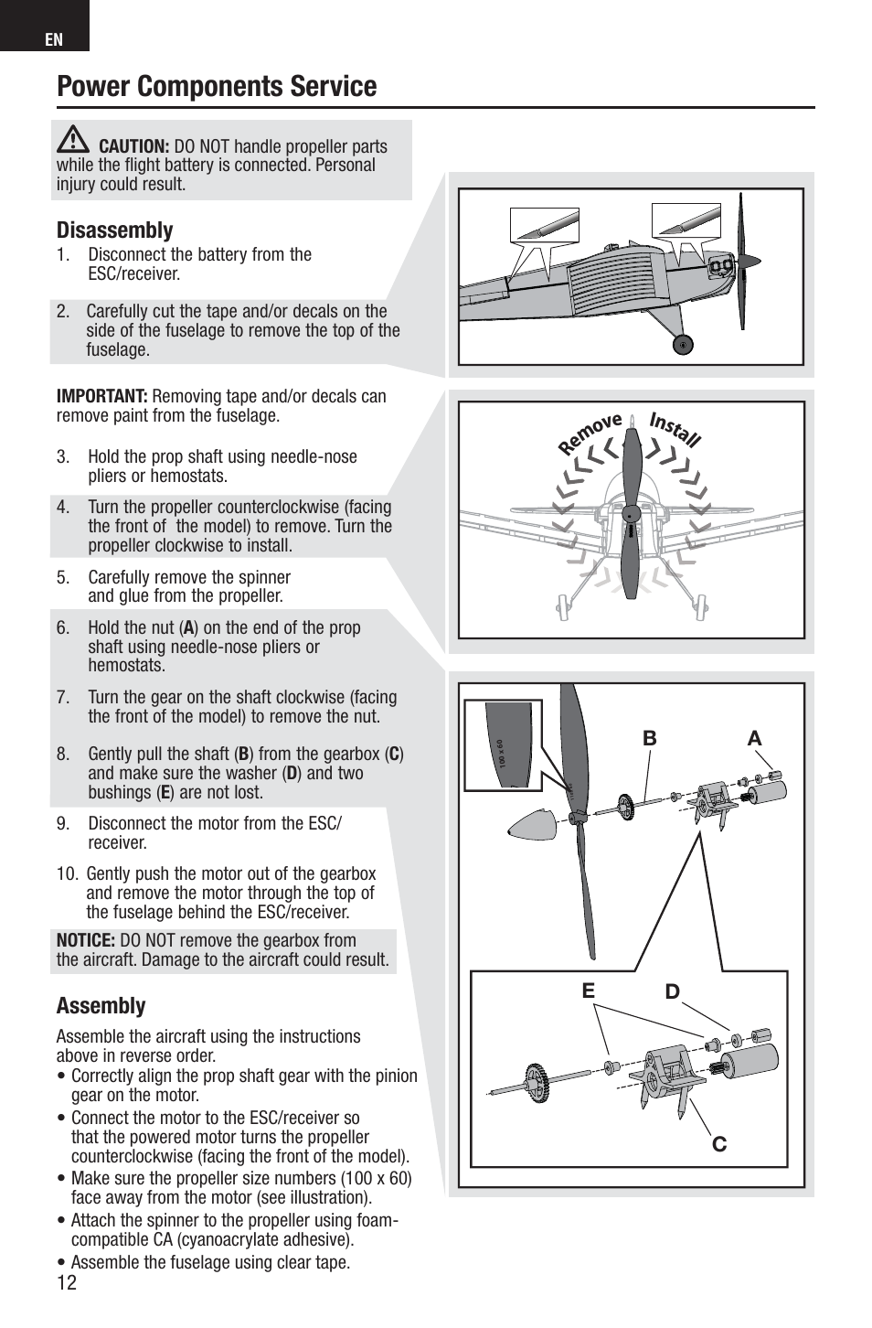 Power components service, Disassembly, Assembly | E-flite UMX Spacewalker RTF User Manual | Page 12 / 19