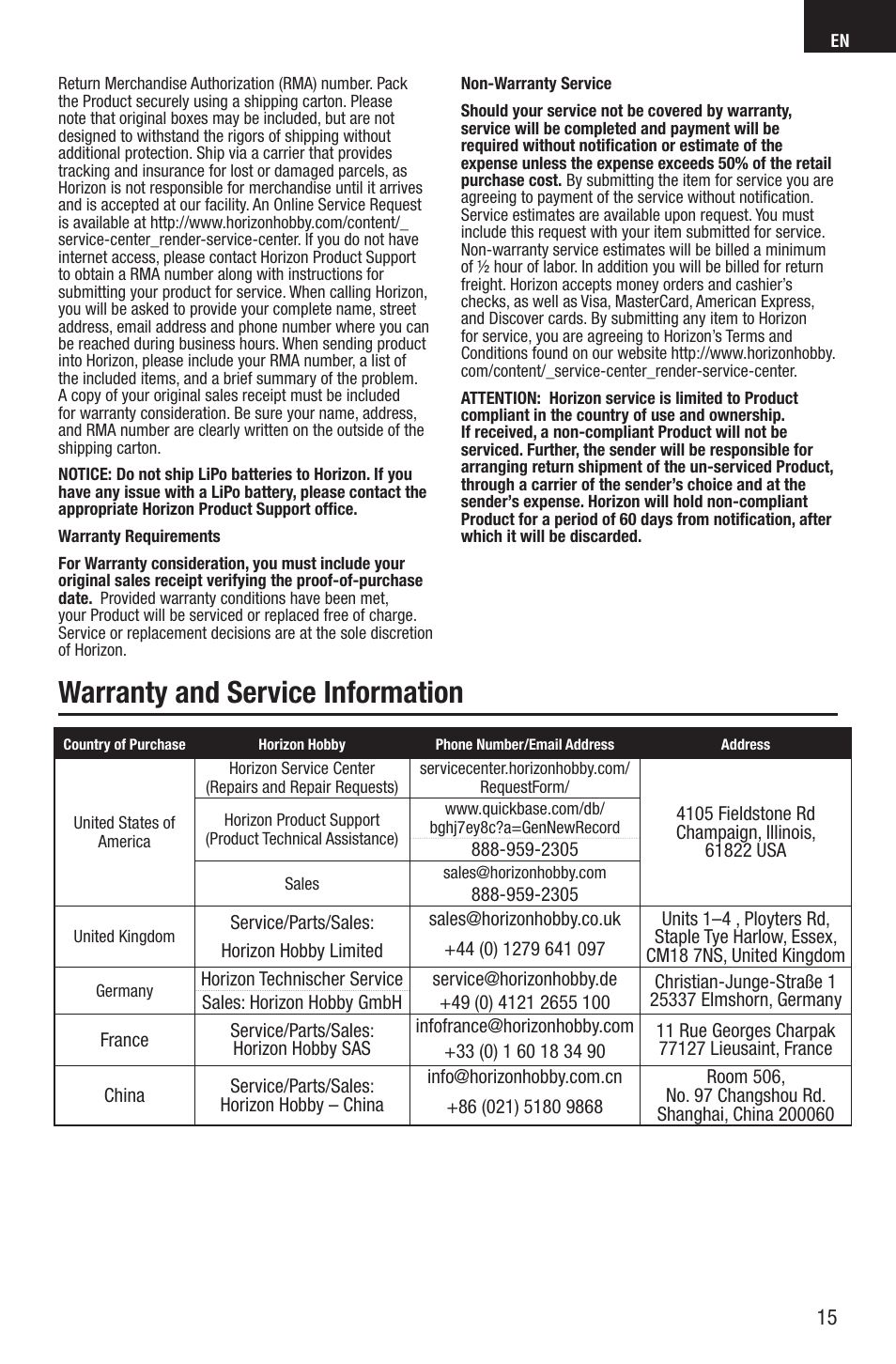 Warranty and service information | E-flite UMX Spacewalker RTF User Manual | Page 15 / 19