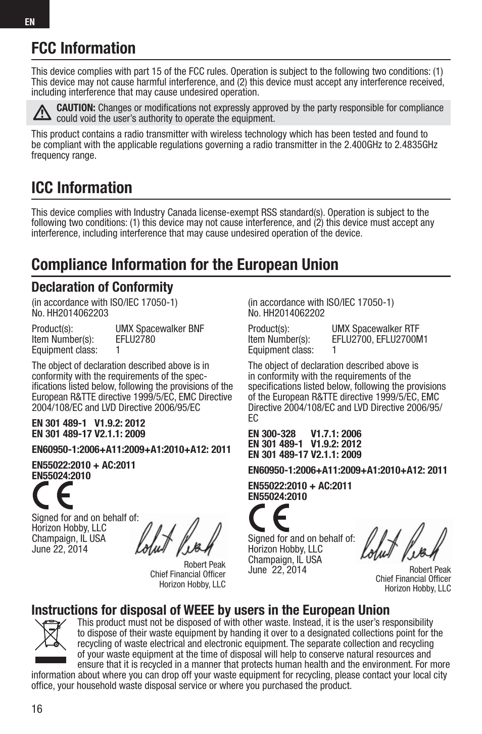 Compliance information for the european union, Icc information, Fcc information | Declaration of conformity | E-flite UMX Spacewalker RTF User Manual | Page 16 / 19