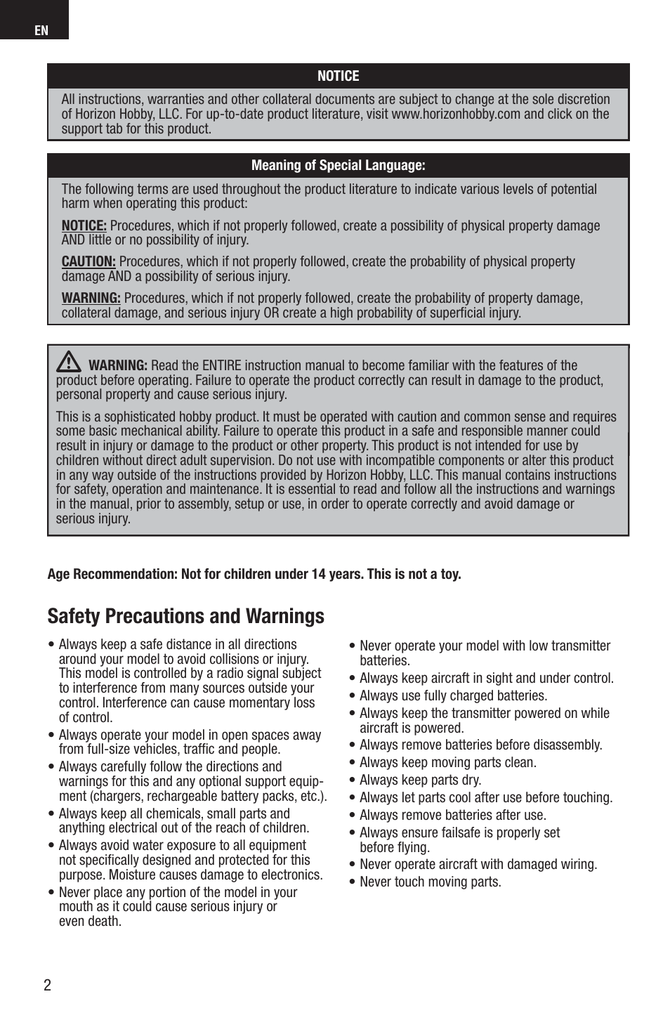 Safety precautions and warnings | E-flite UMX Spacewalker RTF User Manual | Page 2 / 19