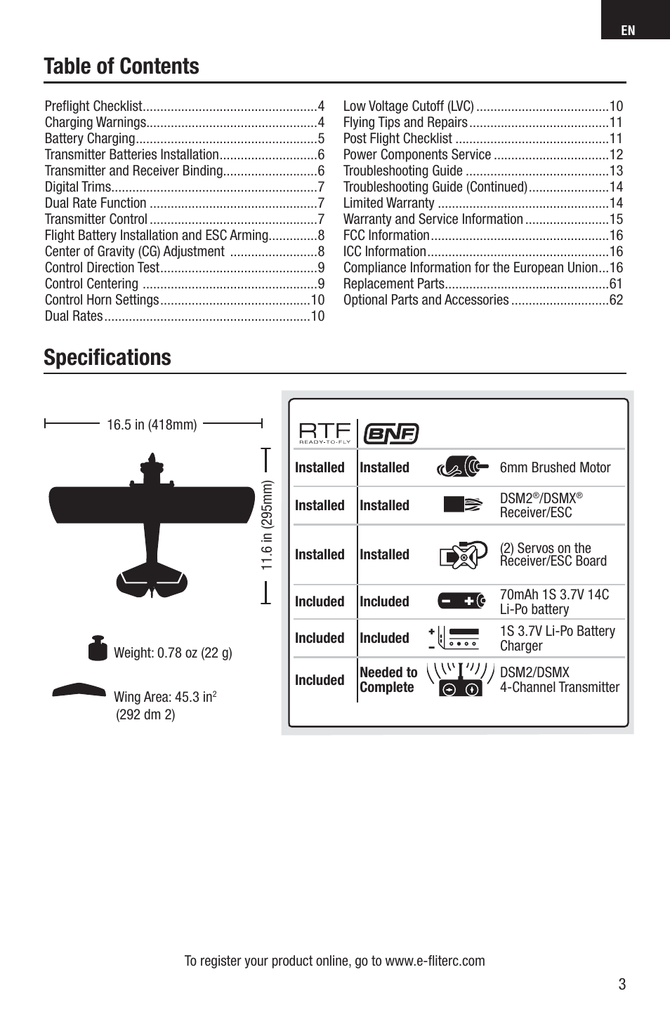 Table of contents speciﬁ cations | E-flite UMX Spacewalker RTF User Manual | Page 3 / 19