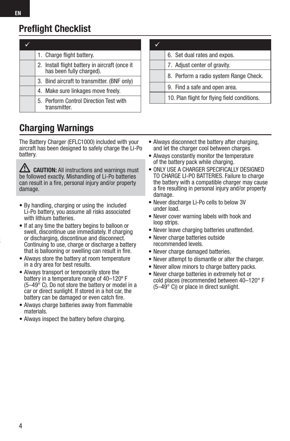 Preﬂ ight checklist, Charging warnings | E-flite UMX Spacewalker RTF User Manual | Page 4 / 19