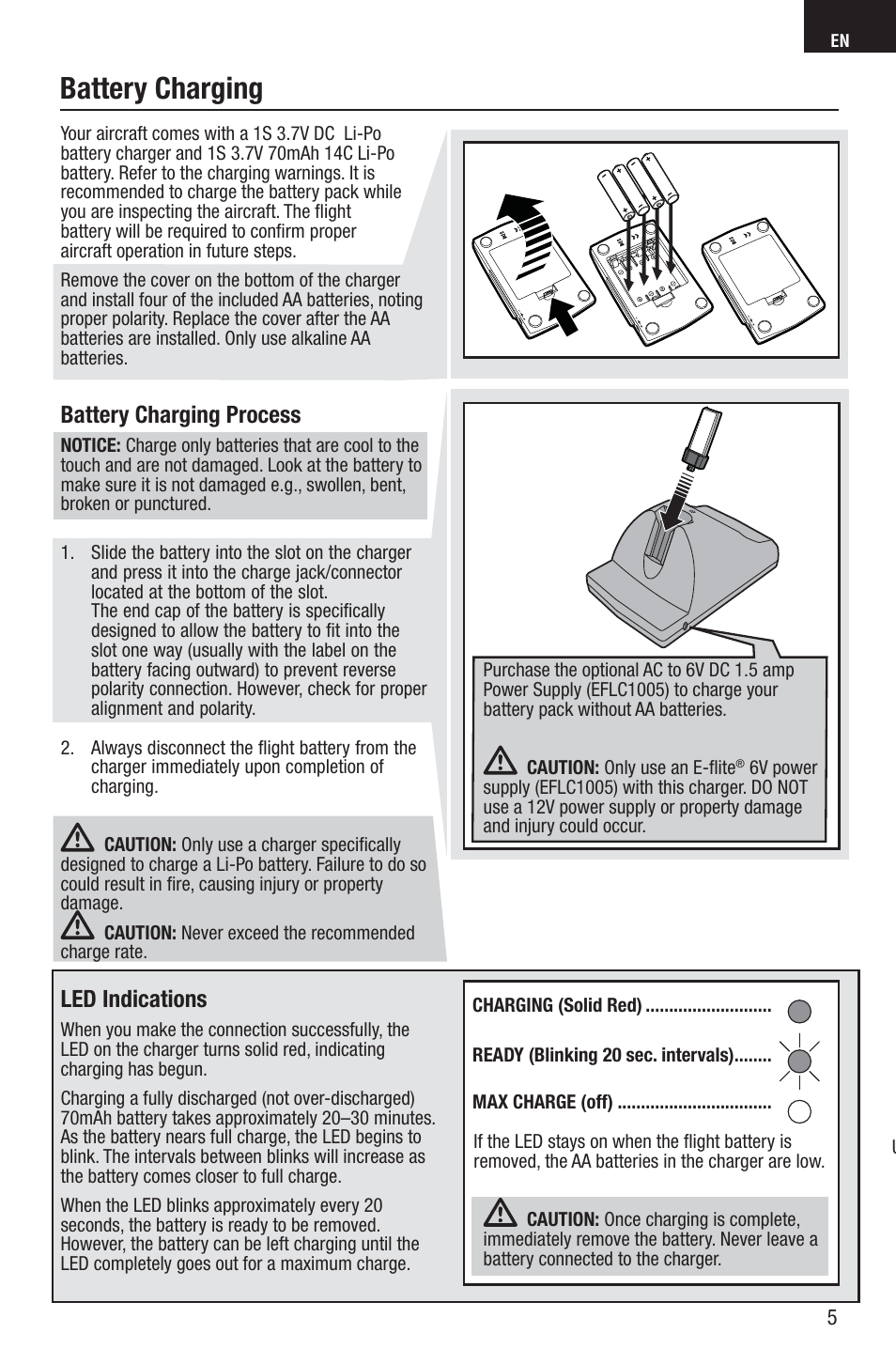 Battery charging, Battery charging process, Led indications | E-flite UMX Spacewalker RTF User Manual | Page 5 / 19