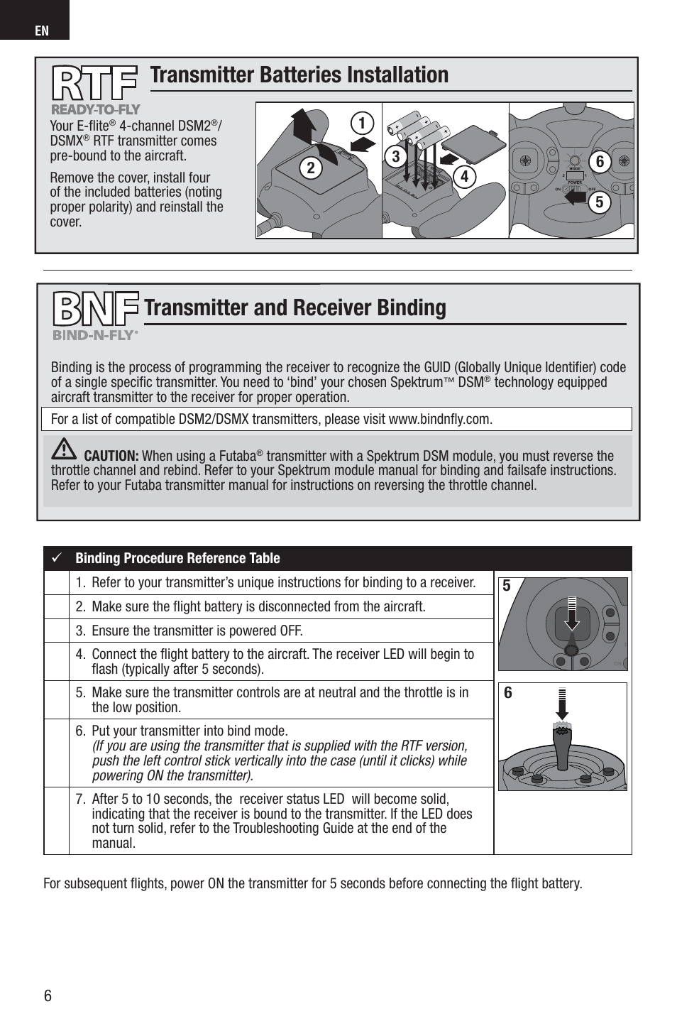 Transmitter and receiver binding, Transmitter batteries installation | E-flite UMX Spacewalker RTF User Manual | Page 6 / 19
