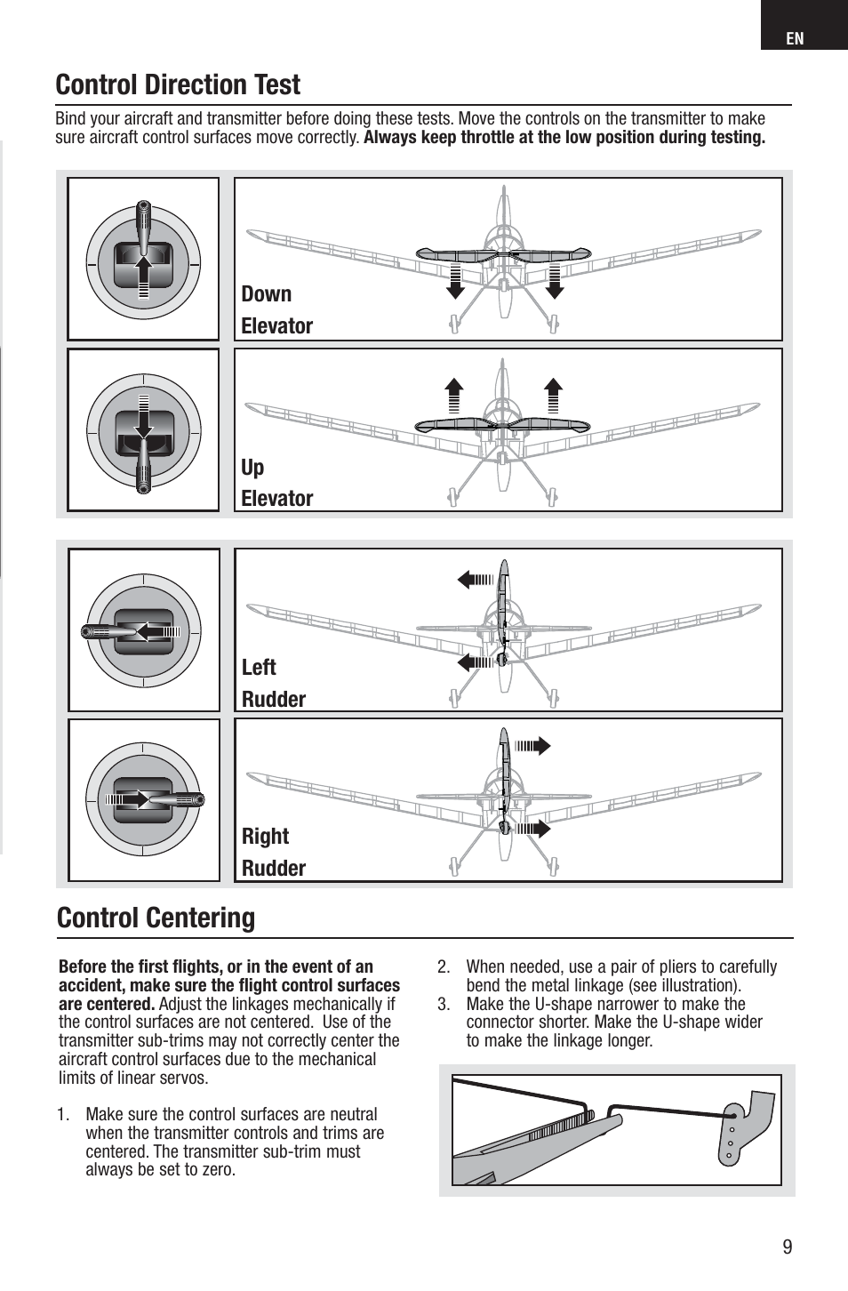 Control direction test, Control centering | E-flite UMX Spacewalker RTF User Manual | Page 9 / 19