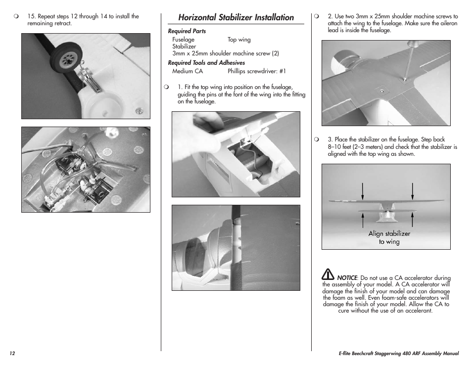 Horizontal stabilizer installation | E-flite Beechcraft Staggerwing 480 ARF User Manual | Page 12 / 32