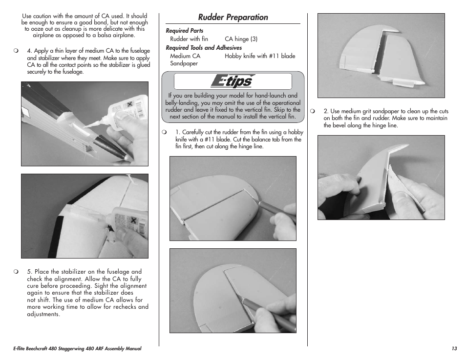 Rudder preparation | E-flite Beechcraft Staggerwing 480 ARF User Manual | Page 13 / 32