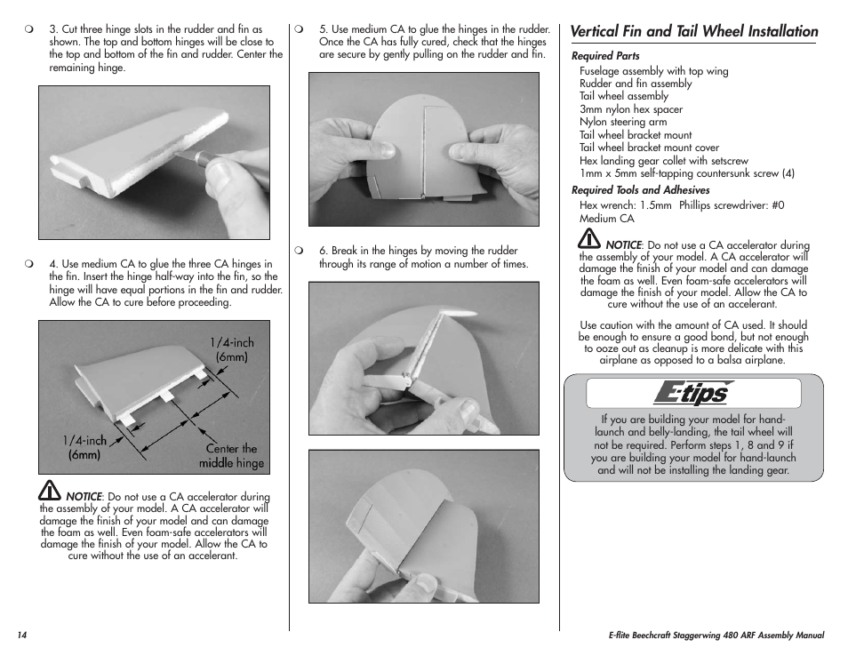 Vertical fin and tail wheel installation | E-flite Beechcraft Staggerwing 480 ARF User Manual | Page 14 / 32