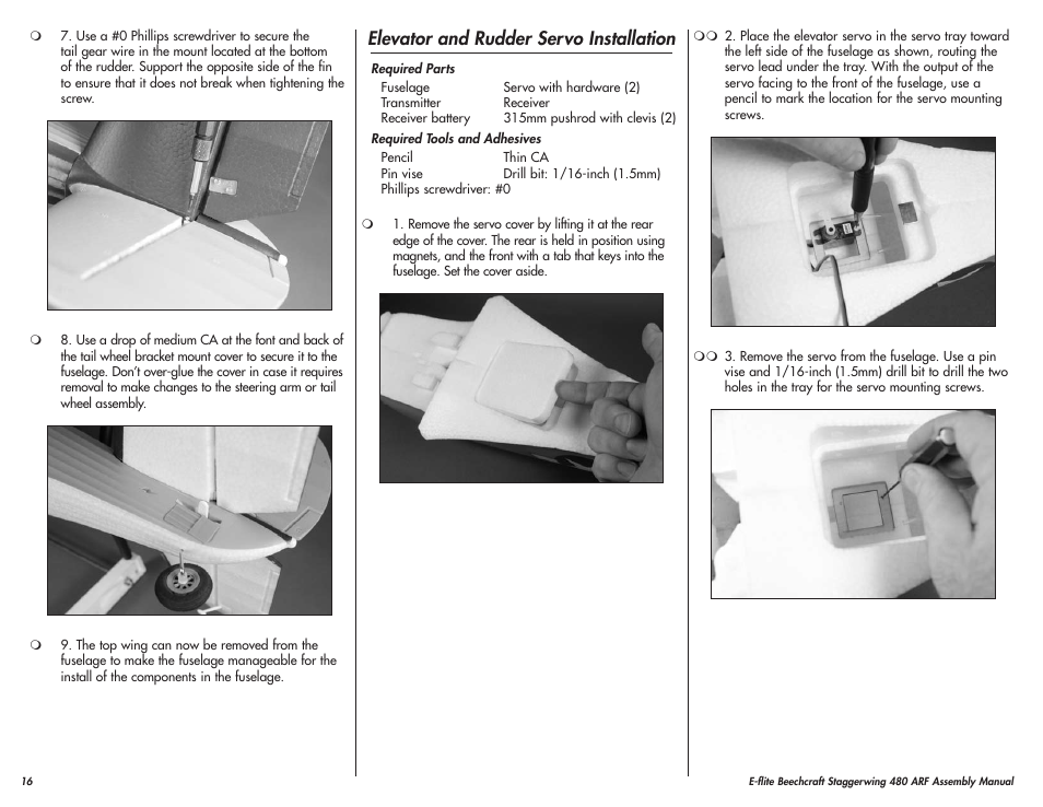 Elevator and rudder servo installation | E-flite Beechcraft Staggerwing 480 ARF User Manual | Page 16 / 32