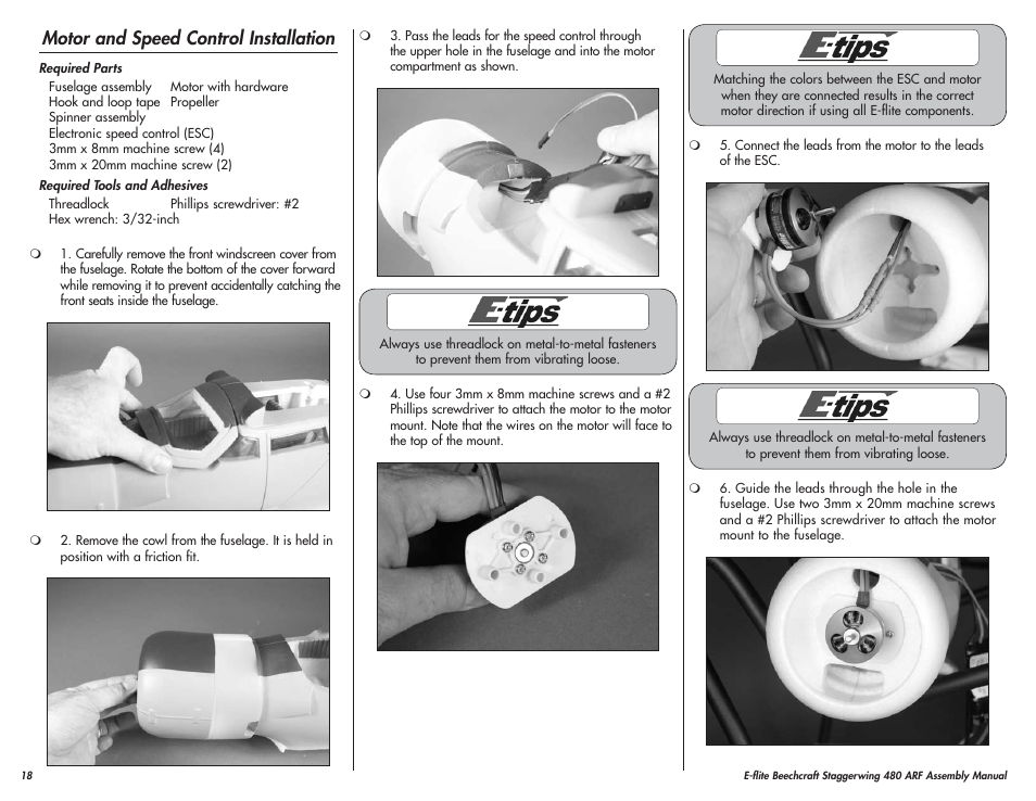 Motor and speed control installation | E-flite Beechcraft Staggerwing 480 ARF User Manual | Page 18 / 32