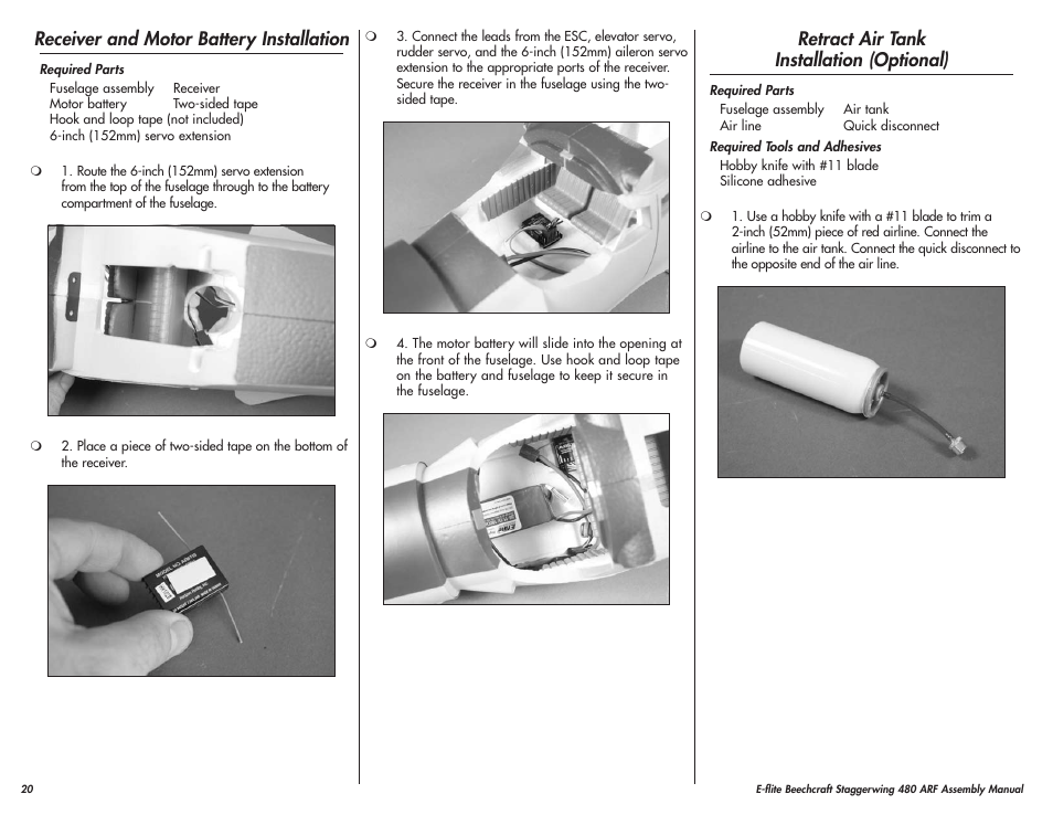 Receiver and motor battery installation, Retract air tank installation (optional) | E-flite Beechcraft Staggerwing 480 ARF User Manual | Page 20 / 32