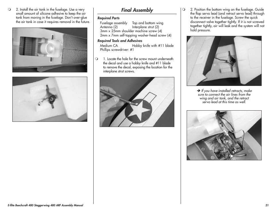 Final assembly | E-flite Beechcraft Staggerwing 480 ARF User Manual | Page 21 / 32