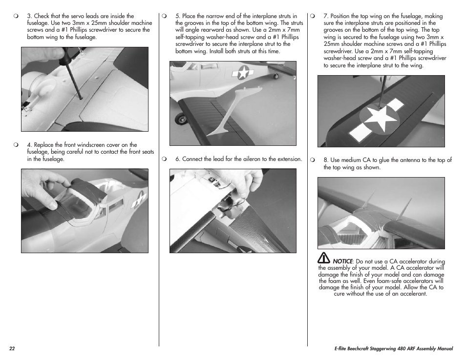 E-flite Beechcraft Staggerwing 480 ARF User Manual | Page 22 / 32