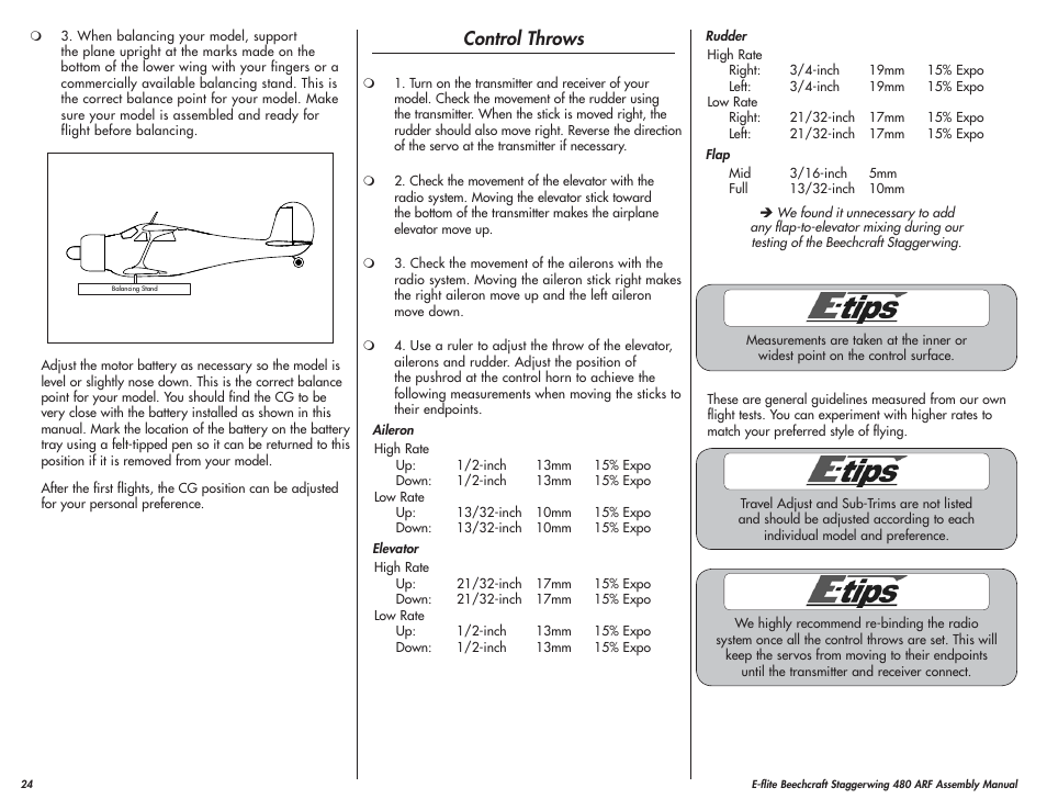 Control throws | E-flite Beechcraft Staggerwing 480 ARF User Manual | Page 24 / 32