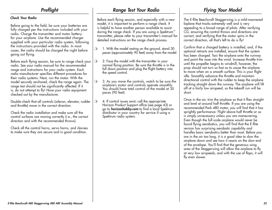 Preflight, Range test your radio, Flying your model | E-flite Beechcraft Staggerwing 480 ARF User Manual | Page 25 / 32