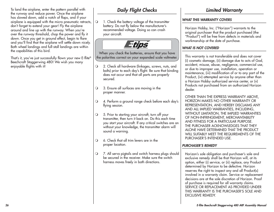 Daily flight checks, Limited warranty | E-flite Beechcraft Staggerwing 480 ARF User Manual | Page 26 / 32