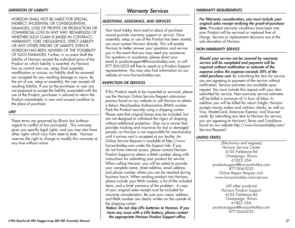 Warranty services | E-flite Beechcraft Staggerwing 480 ARF User Manual | Page 27 / 32