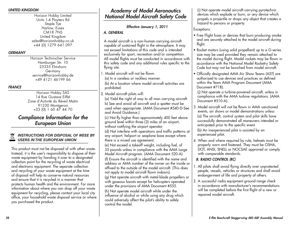 Compliance information for the european union | E-flite Beechcraft Staggerwing 480 ARF User Manual | Page 28 / 32