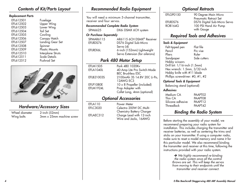Contents of kit/parts layout, Hardware/accessory sizes, Recommended radio equipment | Park 480 motor setup, Optional accessories, Optional retracts, Required tools and adhesives, Binding the radio system | E-flite Beechcraft Staggerwing 480 ARF User Manual | Page 4 / 32