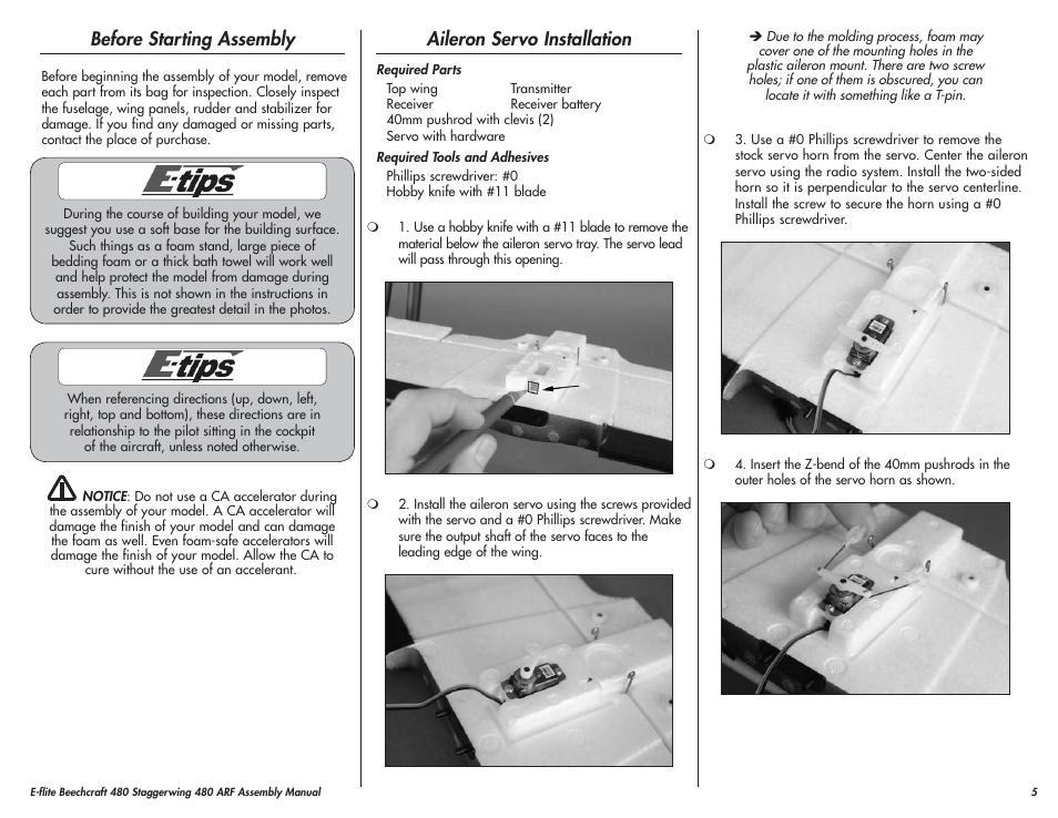 Before starting assembly, Aileron servo installation | E-flite Beechcraft Staggerwing 480 ARF User Manual | Page 5 / 32