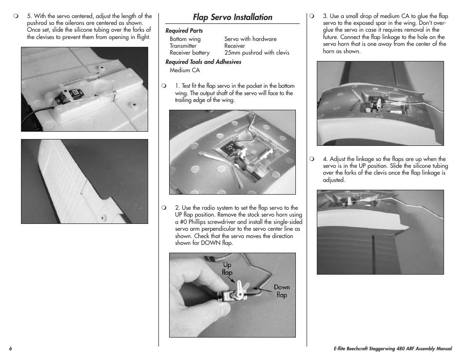 Flap servo installation | E-flite Beechcraft Staggerwing 480 ARF User Manual | Page 6 / 32
