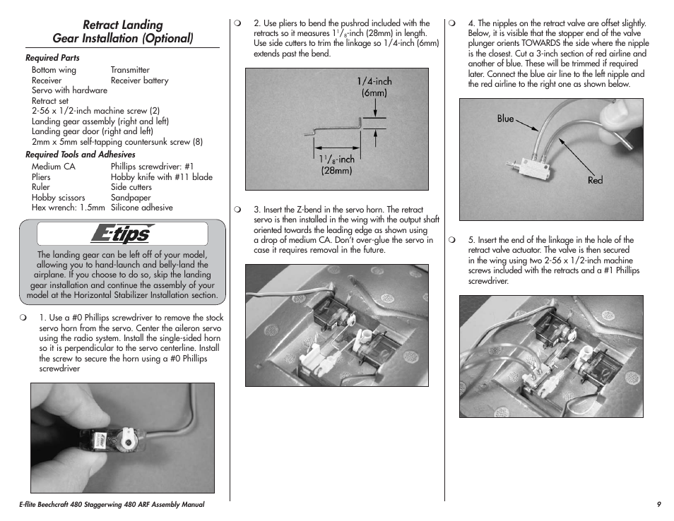 Retract landing gear installation (optional) | E-flite Beechcraft Staggerwing 480 ARF User Manual | Page 9 / 32